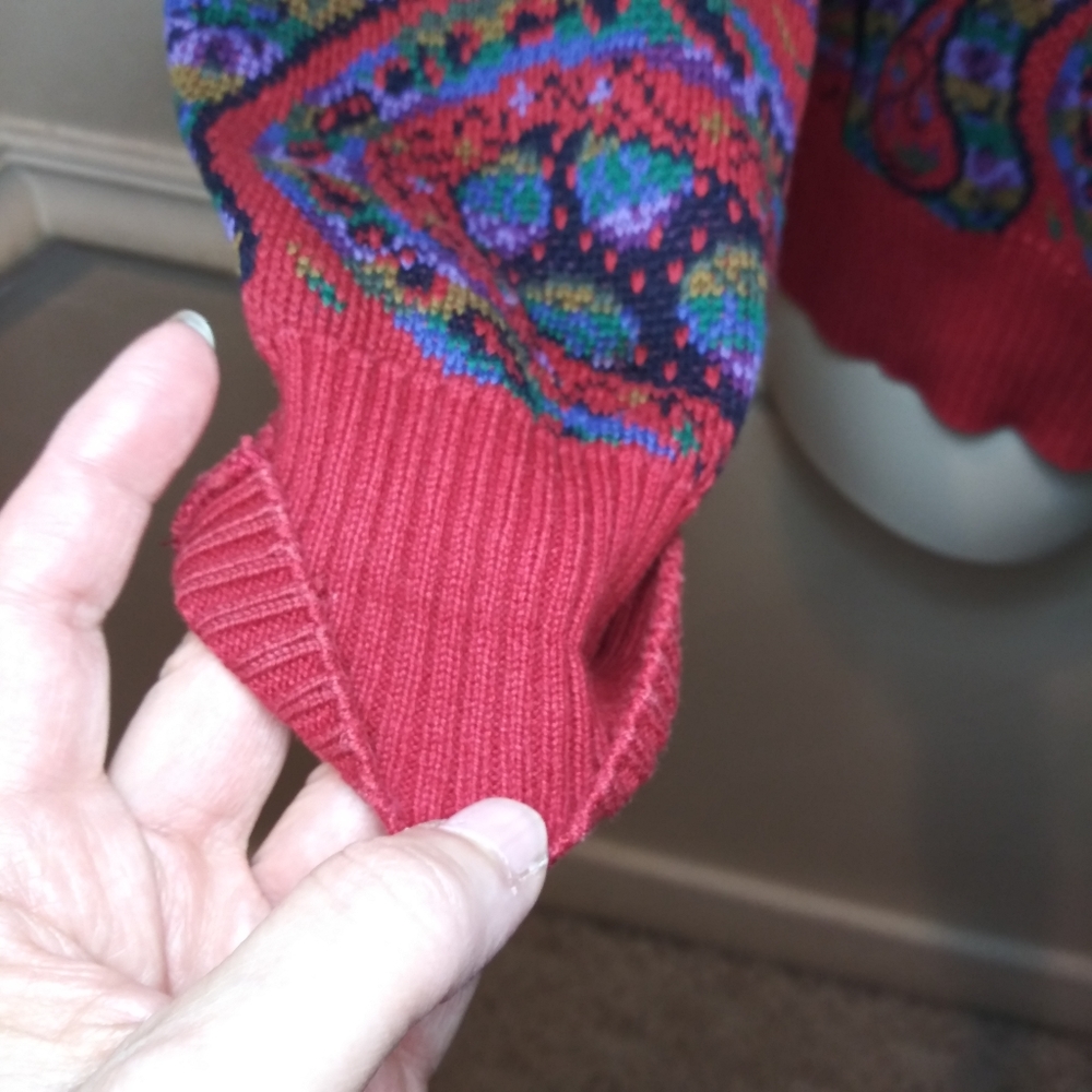 Vintage 80's Men's Grandpa Style Red & Purple Multicolored Paisley Sweater - Picture 4 of 10